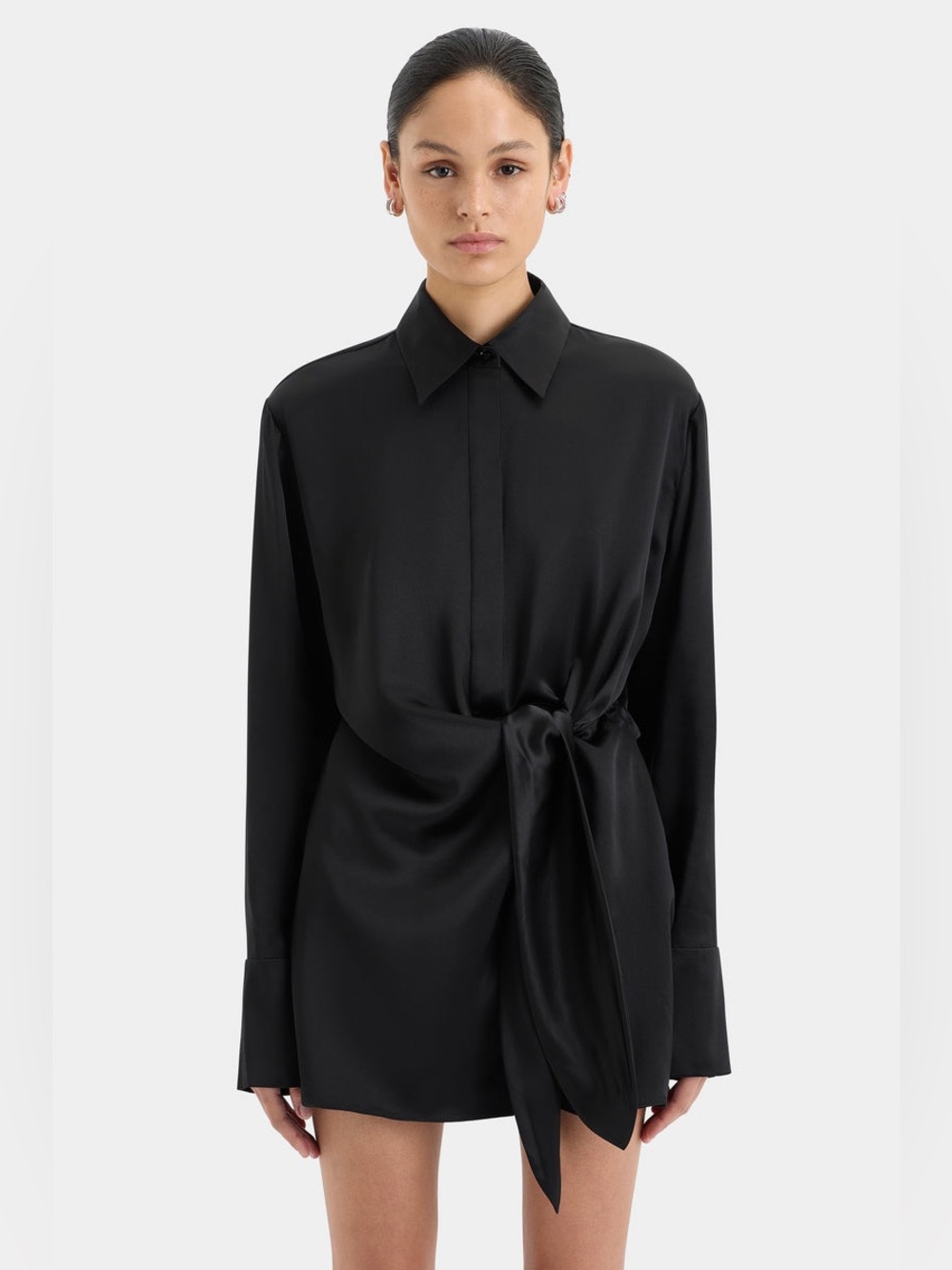 SIR. Sorrento Black Silk Long Sleeve Knotted Waist Tie Mini Shirt Dress EUC 1/S